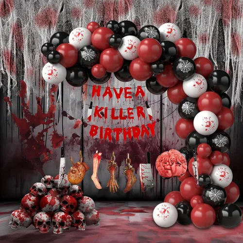 Vista 6 de Guirnalda de globos de Halloween con tela espeluznante y pancarta de 2 estilos, globos blancos impresos a mano negra roja y sangrienta, globos B