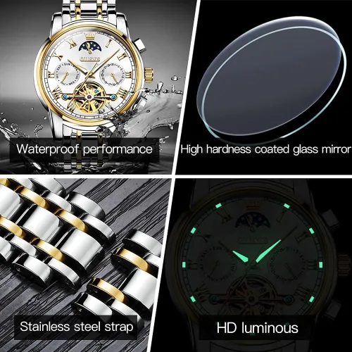 Vista 5 de OLEVS Relojes automáticos para hombre diseño de esqueleto Tourbillon cuerda automática de lujo a la moda reloj de pulsera fase lunar día fecha