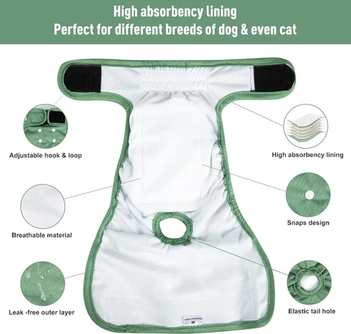 Vista 3 de Pañales Reutilizables para Perras Hembras Paquete de 3, Pañal Lavable para Perritas, Pañal para Perros Altamente Absorbente, Pañales Ajustables a