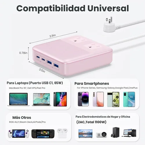 Vista 5 de Estación de carga de 135W con tira de alimentación USB C, bloque cargador USB C GaN 6 en 1 con enchufe y cable de 5 pies, 2 AC, 2 USB-A, 2 USB-C