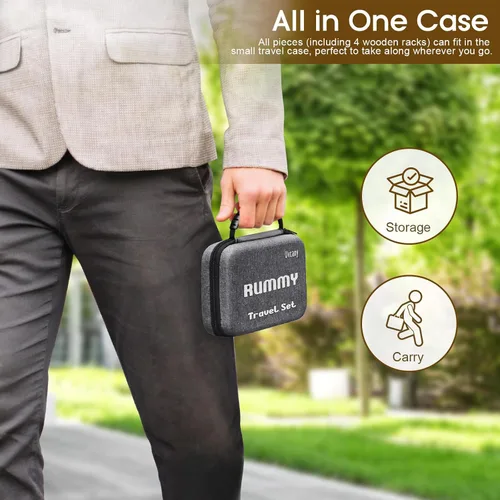 Vista 6 de Mini Travel Rummy Cube Set con 4 estantes de madera, 106 fichas de juego Rummy con estuche portátil para juegos de mesa clásicos en familia
