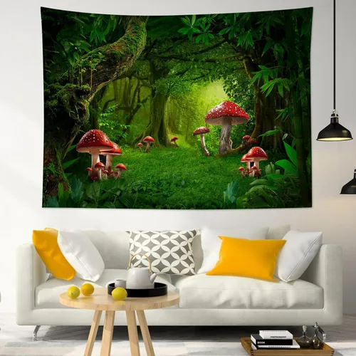 Vista 9 de HVEST Tapiz retro rojo de hongos para colgar en la pared, diseño floral rosa con fresa y mariposa en beige, tapiz para dormitorio, flores, plantas