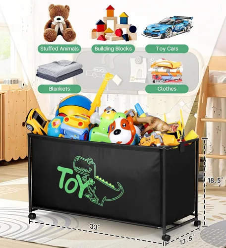 Vista 6 de MISSLO Caja grande de juguetes con ruedas, gran baúl de juguetes para niños, organizador de juguetes, 124L, color negro