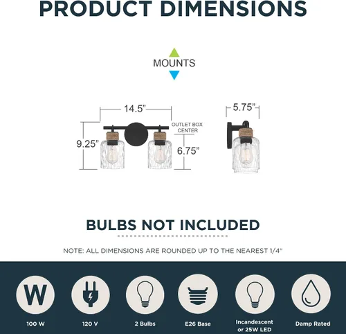 Vista 3 de Quoizel Naturals Baltic - Luces modernas de tocador de 14.5 pulgadas, 2 luces, estilo costero, color negro mate y cristal de agua transparente