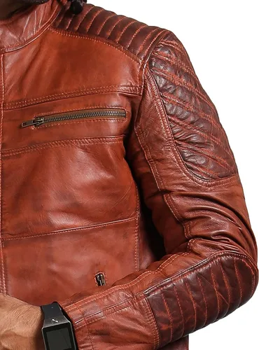 Vista 6 de Chamarras de cuero marrón para hombre - Cafe Racer Slim Fit cuero Biker Jacket Hombre