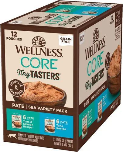 Vista 11 de Wellness CORE Tiny Tasters - Alimento húmedo en paté para gatos adultos, natural, rico en proteínas, sin granos, bolsa de 1.75 onzas, paquete de 12