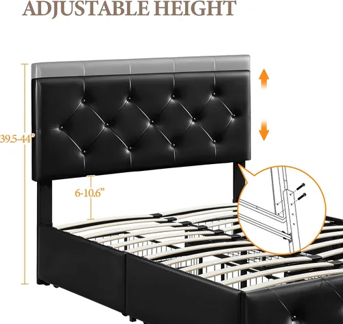 Vista 7 de Yaheetech Base de cama tapizada con 4 cajones de almacenamiento y cabecera ajustable, plataforma de piel sintética con base de colchón, fuerte