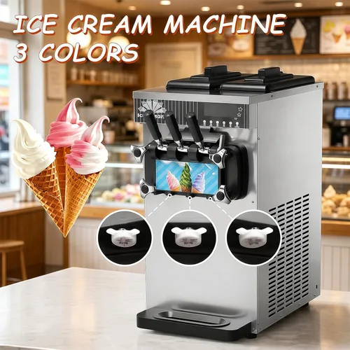 Vista 2 de Commercial Soft Ice Cream Machine, 3 Flavors Electric Soft Ice Cream Maker, Stainless Steel, 1300W LED Display, Desktop Type,15-21L/H, for Bars Gray