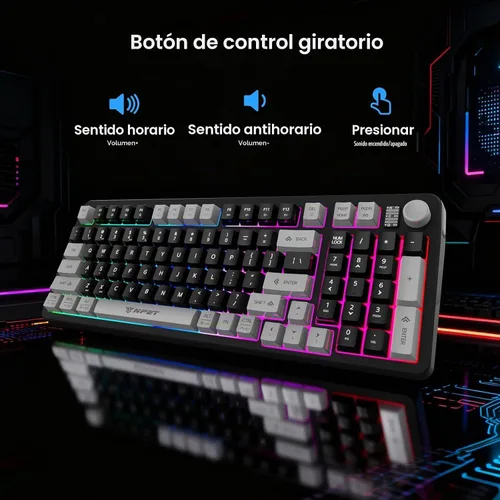 Vista 4 de NPET Teclado y ratón inalámbricos gaming con tri-modo, teclado RGB de 98 teclas con perilla y ratón gaming, 12 teclas multimedia para Windows, PC