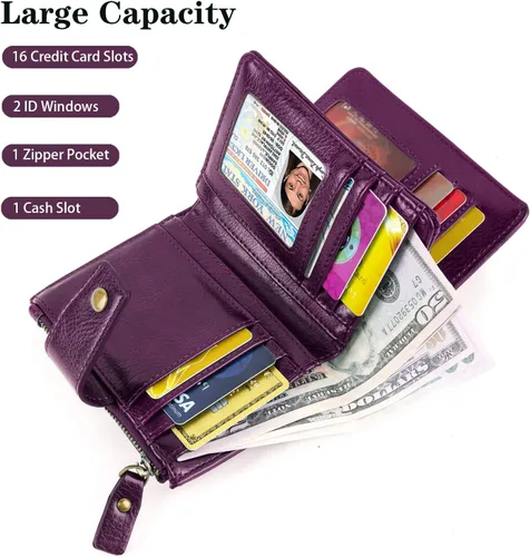 Vista 2 de Cartera pequeña para mujer, con bloqueo RFID, de piel, compacta, con bloqueo RFID, con cremallera y ventana de identificación, flores moradas