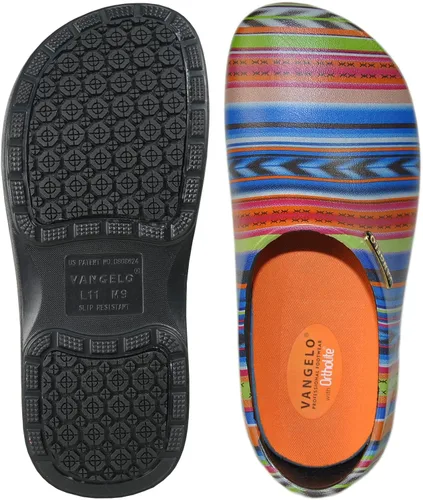 Vista 4 de VANGELO Zuecos profesionales antideslizantes para mujer, zapatos de trabajo, zapatos de enfermera, zapatos de chef, negro, blanco, lima, multicolor