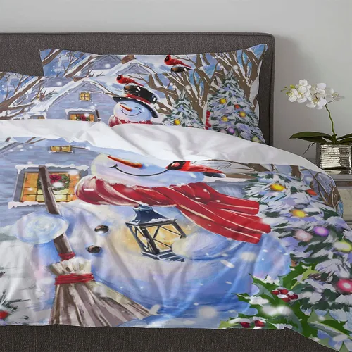 Vista 4 de Juego de funda de edredón de 3 piezas tamaño King, juego de edredón de cardenales de muñeco de nieve de Navidad con 2 fundas de almohada, funda