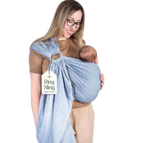 Vista 16 de Portabebés con Eslinga de Anillo - Probado en Laboratorio de EE. UU., 100% Algodón Muslin Natural, Eslinga de Anillo transpirable y ergonómica Beige