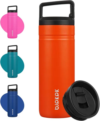 Vista 16 de BJPKPK - Botella de agua aislada con 2 tapas, vaso/taza de viaje de acero inoxidable de 20 onzas con aislamiento al vacío de doble pared, taza