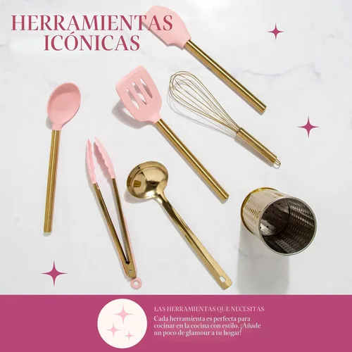Vista 5 de Paris Hilton Juego de herramientas de cocina con recipiente para utensilios con utensilios de cocina de silicona, batidor y cucharón de acero