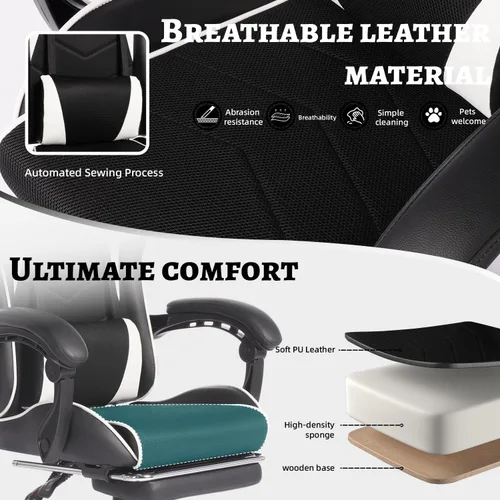 Vista 6 de Ergonomic Gaming Chair with Massage Lumbar Pillow, Reclining Racing Seat, Adjustable Footrest for PC Game Office, Black and White PU Leather