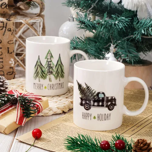 Vista 5 de Whaline Juego de 2 tazas de Navidad de 12 onzas con acuarela, a cuadros, árbol de Navidad, camión, taza de café, tazas de cerámica para fiesta