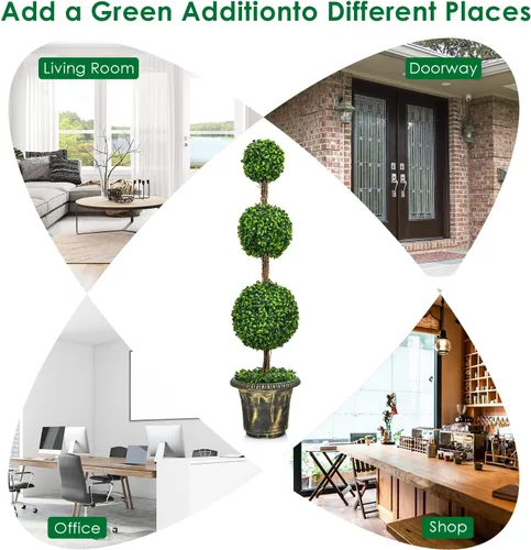 Vista 5 de Árbol artificial de boj de 4 pies, bolas triples Topiary en maceta de plástico rellena de cemento, plantas sintéticas para porche delantero, sala