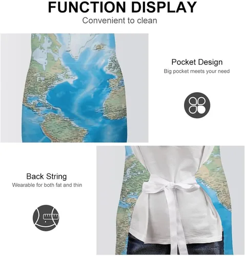 Vista 6 de MUSM Apron for Adults - 27.6 X 31.5 Inch, Heavy-Duty Polyester Aprons with Two Large Pockets, Waterproof World Map Kitchen Apron for Cooking