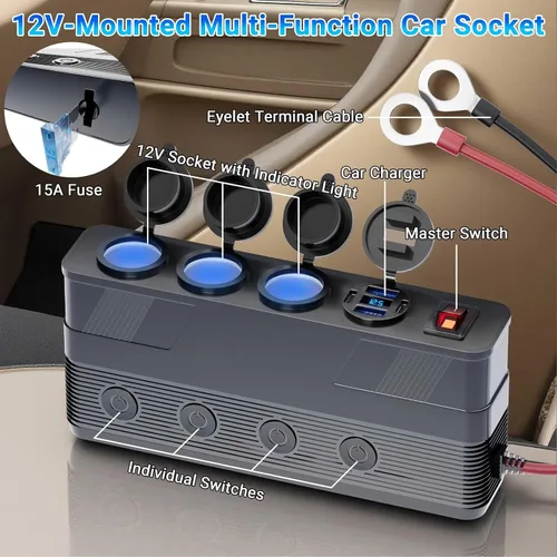 Vista 2 de Divisor de enchufe de encendedor de cigarrillos de 12V: toma de corriente de 180W 15A de 3 enchufes con 4 puertos USB PD66W QC18W - Divisor