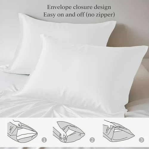 Vista 2 de LINENWALAS Juego de 2 fundas de almohada de seda de bambú de rayón derivado de bambú, tamaño Queen, enfriamiento suave, estilo hotel transpirable