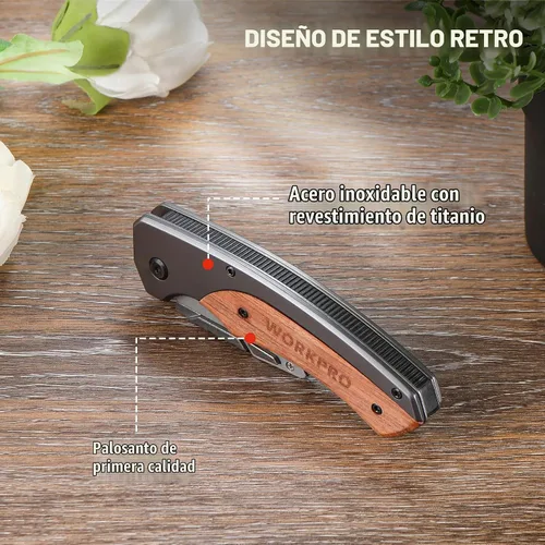 Vista 2 de WORKPRO Cuchillo utilitario plegable, cuchillo de afeitar con mango de madera Quick-Change Box Cutter with Stainless Steel Head, Liner Lock and