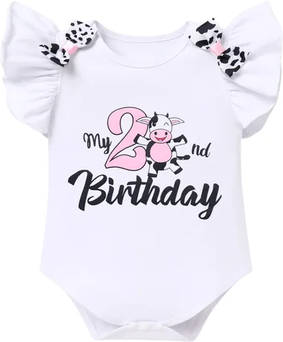 Vista 2 de ODASDO Mameluco con tutú para bebé niña y niña, con temática de vaca, 1, 2, 3 cumpleaños, fiesta, pastel, para niños pequeños