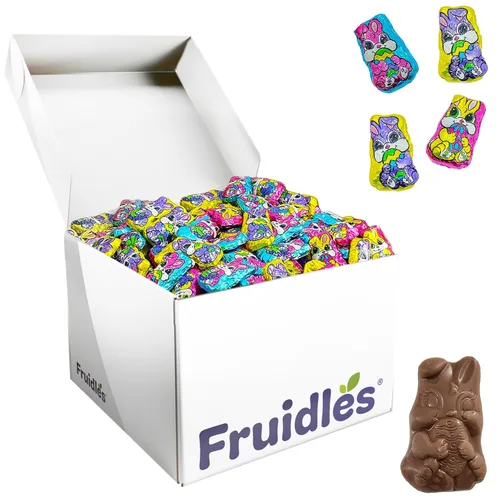 Vista 7 de Fruidles Conejitos de chocolate con leche de Pascua, rellenos de bolsas de fiesta suaves y cremosos, láminas multicolor envueltas individualmente