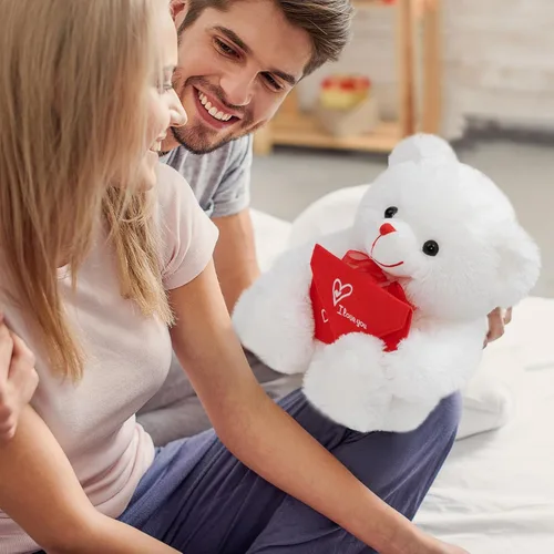 Vista 4 de HollyHOME Oso de Peluche Oso de Rosa Oso de Peluche Suave con Sobre Rojo de Felpa Suave Juguetes de Vacaciones Regalo 30 cm Blanco