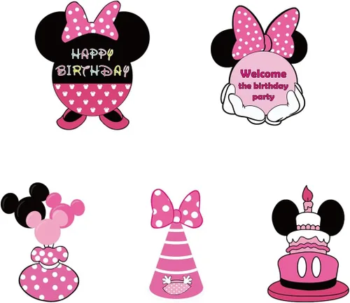 Vista 6 de Suministros para fiesta de cumpleaños de ratón rosa, letrero de ratón de dibujos animados, decoración de cumpleaños, decoración de fiesta