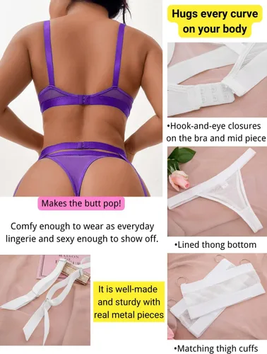 Vista 42 de Kaei&Shi - Lencería con liguero para mujer, conjunto de encaje traslúcido y sexy de 4 piezas combinadas