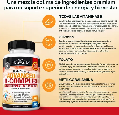 Vista 3 de Complejo de vitamina B con vitamina C para una máxima absorción, 120 cápsulas