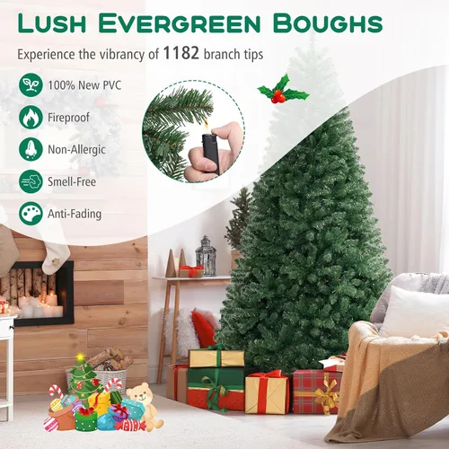 Vista 12 de DORTALA Árbol de Navidad artificial verde preiluminado de 7 pies, con bisagras, con 250 luces LED blancas cálidas, 8 modos de iluminación, 830