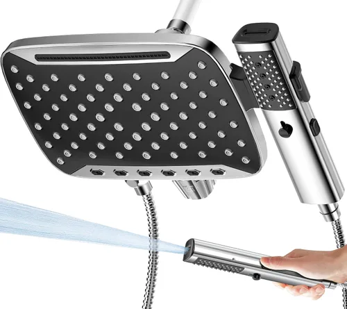 Vista 9 de JDO High Pressure Rain Shower Head with Handheld Spray Brushed Nickel 7 Modes Dual Shower Head, 10-inch Rainfall Showerheads Combo, Detachable