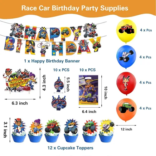 Vista 2 de 133 piezas de suministros para fiesta de cumpleaños de Monster Truck, incluye pancarta, bolsa de regalo, sopladores de fiesta, mantel, decoración