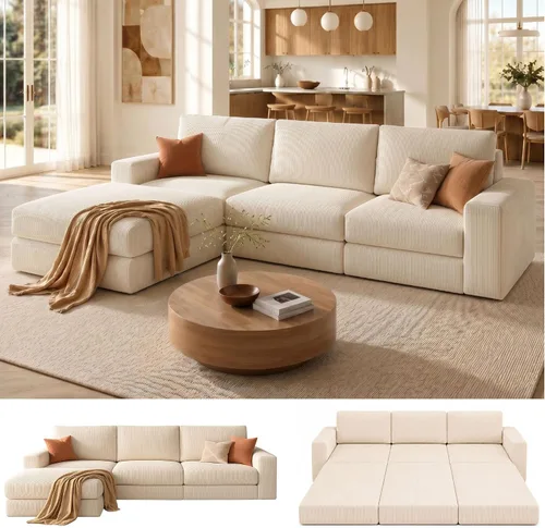 Vista 27 de Sofá seccional modular, 120.47" Sofá seccional moderno en forma de nube con chaise en L, cómodo sofá mullido de corduroy con asiento profundo, sofás