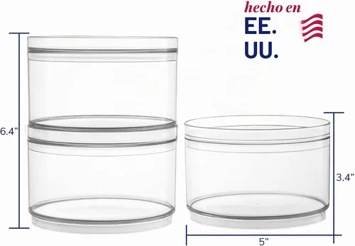 Vista 5 de STORi Bella - Recipiente apilable de plástico transparente (juego de 3) organizadores redondos de almacenamiento de tocador con tapas