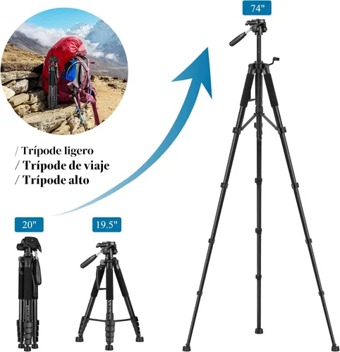 Vista 2 de VICTIV Trípode de cámara de 74 pulgadas, trípode para cámara y teléfono, soporte de trípode profesional de aluminio para Canon Nikon con bolsa
