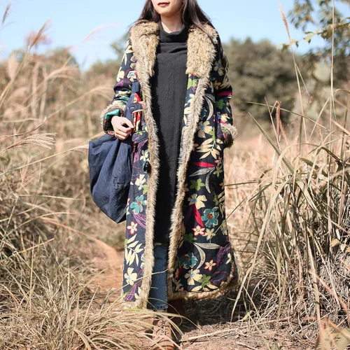 Vista 4 de LZJN - Abrigo cálido para mujer, con estampado floral, chaqueta larga de algodón y lino, vintage, con capucha, acolchado para invierno