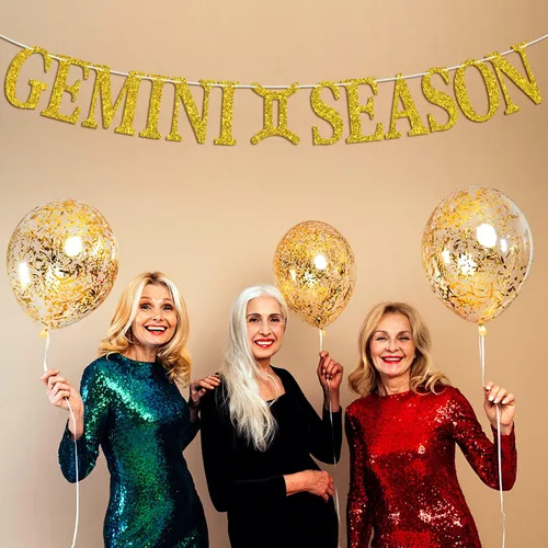 Vista 3 de Cartel de la temporada de Géminis con purpurina dorada, letrero de feliz cumpleaños, energía de géminis grande, 12 constelaciones del zodiaco tema