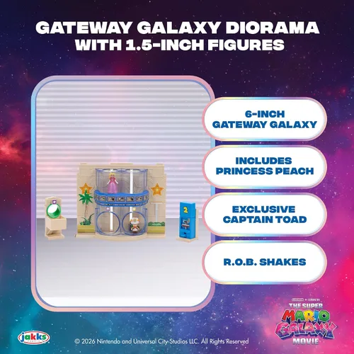 Vista 2 de The Super Mario Galaxy Movie – Gateway Galaxy Diorama Playset con 1.5 pulgadas Princes Peach y exclusivas figuras de acción de Captain Toad Mini