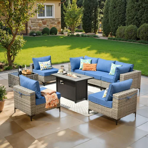 Vista 11 de ovios Muebles de patio de 8 piezas con hoguera, juego de conversación de mimbre de ratán para exteriores con mesa de centro brillante, cómodo sofá