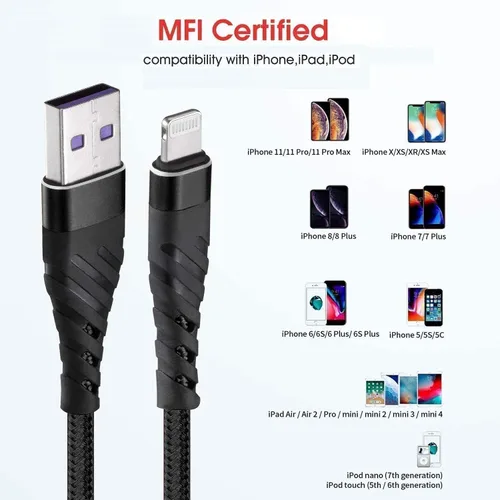 Vista 6 de CyvenSmart (Paquete de 2) Cable de carga largo para iPhone de 6 pies [con certificación MFi], Cable de carga rápida Lightning de 6 pies para iPhone