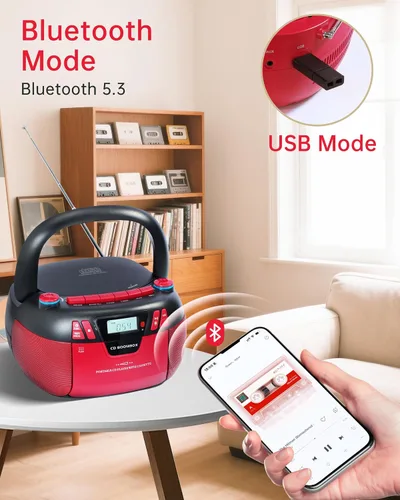 Vista 5 de Reproductor de CD Boombox con Bluetooth y reproductor de casete Radio AM/FM portátil, entrada MP3/USB/AUX, sistema de sonido estéreo