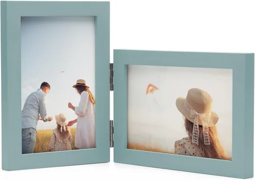 Vista 36 de Marcos de Fotos Dobles 4x4 con Bisagras Plegables en Negro para Colgar en la Pared o Poner en Mesa, Hechos de Madera de Pino con Vidrio Real P-44 *