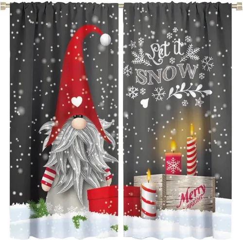 Vista 33 de Cortinas de Navidad de gnomo, bolas de árbol de Navidad, luces, regalos, decoración de tablones para sala de estar, dormitorio, bolsillo para barra