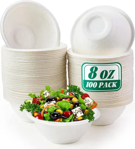 Vista 10 de Oomcu Paquete de 100 cuencos de sopa desechables pequeños de 8 onzas a granel, compostables y biodegradables, cuencos de papel reciclado resistentes