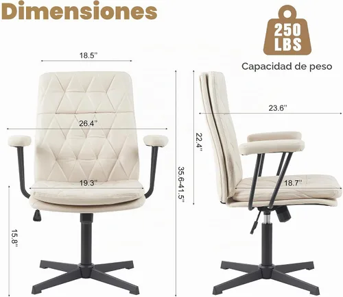 Vista 2 de Silla de escritorio sin ruedas, silla giratoria de oficina en casa con patas cruzadas Sillón de acento sólido blanco crema