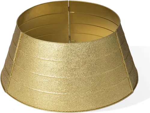 Vista 7 de Glitzhome Collar de árbol de Navidad, 25.75 pulgadas de profundidad, cubierta de base de árbol de metal dorado con purpurina, anillo de árbol