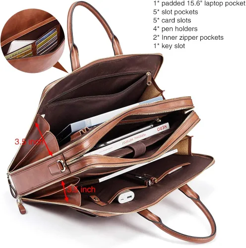 Vista 5 de CLUCI Maletines de cuero de cera de aceite para mujer, delgado, grande, para negocios, 15.6 pulgadas, bolsa de hombro vintage para hombre